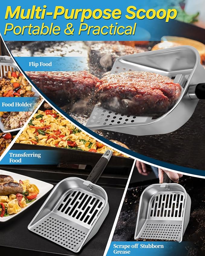 Griddle Scoop for Blackstone with a Any-Edge Hook, Stainless Steel Griddle Portable Food Mover for Stir Fry and Move Food, Sifting Grill Shovel, 2 Pack