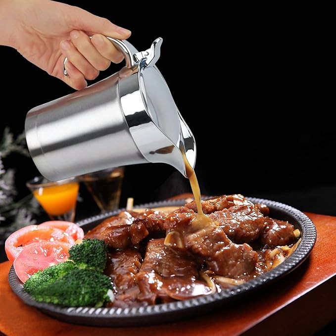 Stainless Steel thermal Gravy Boat, 25 Oz Double Insulated Gravy Sauce Jug with Hinged Lid for Family Dinner, Thanksgiving, Halloween, Christmas 750ML