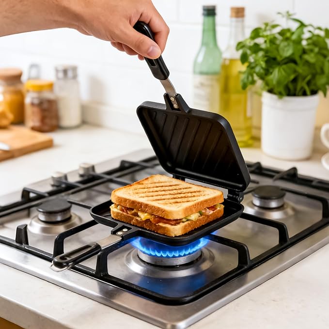 Double Sided Hot Sandwich Maker, Non-Stick Press Frying Flip Pan,Stovetop Toasted Panini Pan For Bread,Pancake,Ideal For Home Kitchen, Camping