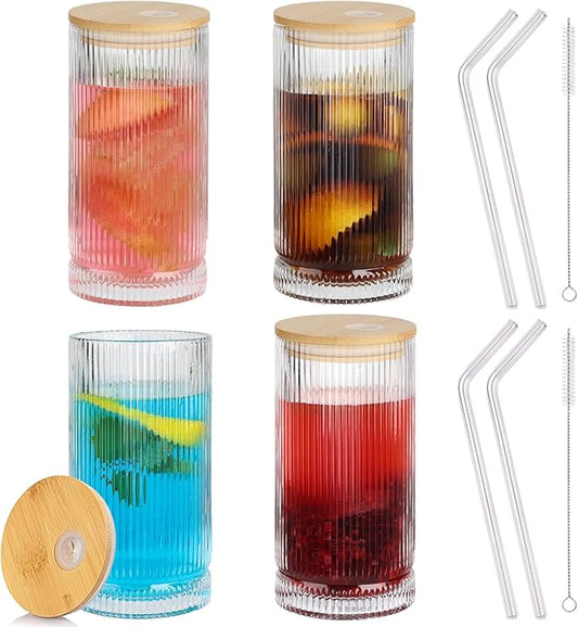 16 Oz Ribbed Drinking Glasses with Lids and Straws, 4 Pack Iced Coffee Glasses Clean Water Glass Cups for Kitchen Juicing, Office, Travel
