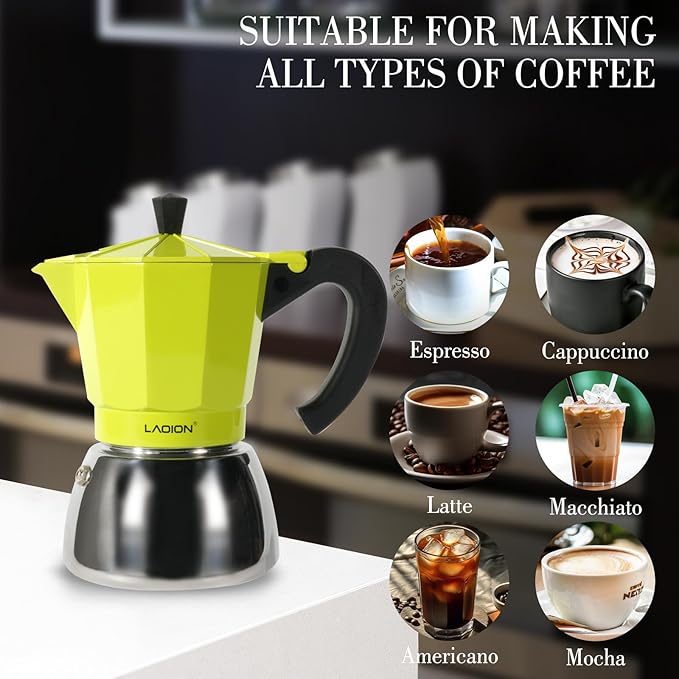 LAOION Stovetop Espresso Maker, 6Cup Moka Pot, Espresso Machine Compatible with Induction Cooktops, 300ml Stainless Steel & Aluminum Cuban Coffee Maker for Cafetera Cubana, Green