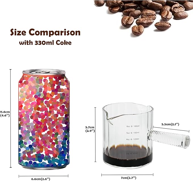 Glass Espresso Cup 6 OZ, Double Shots Measuring Cup with Glass Handle for Dishwasher Safe, Double V-Shaped Spout Milk Frothing Pitcher, Espresso Accessories for Machine, Demitasse Cups