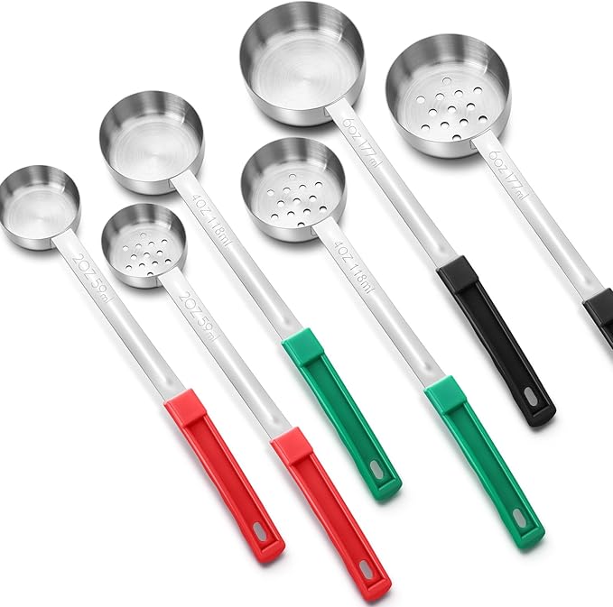 Reallnaive 6 Pcs Portion Control Serving Spoons, Restaurant Measuring Serving Ladle Utensils, Portion Control Slotted and Unslotted Scoops for Weight Loss, Kitchen, 3 Size