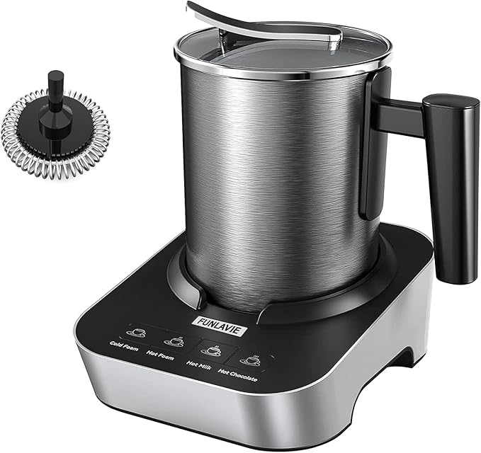 FUNLAVIE 4-in-1 Electric Milk Frother and Steamer, 400ml(13.5oz) Stainless Steel Pitcher with Auto Shut-Off, Hot & Cold Foam Maker and Milk Warmer for Lattes, Cappuccinos, Macchiato, Dishwasher Safe