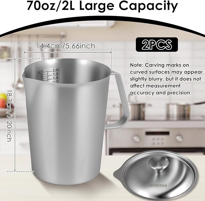 2 Pack Stainless Steel Pitcher with Lid, 2 L/ 70 oz Metal Measuring Cup with Marking with Handle, 8 Cup Large Milk Frothing Jug for Latte Art, Iced Tea, Hot/Cold Water