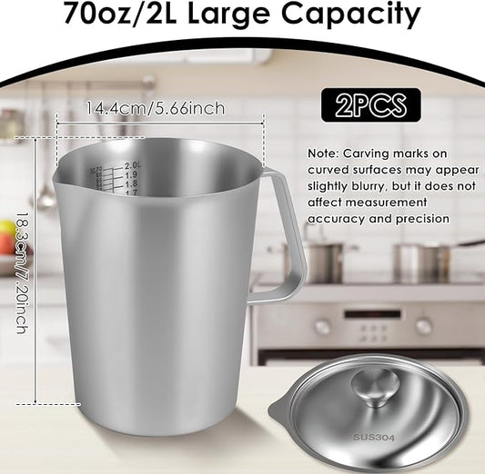2 Pack Stainless Steel Pitcher with Lid, 2 L/ 70 oz Metal Measuring Cup with Marking with Handle, 8 Cup Large Milk Frothing Jug for Latte Art, Iced Tea, Hot/Cold Water