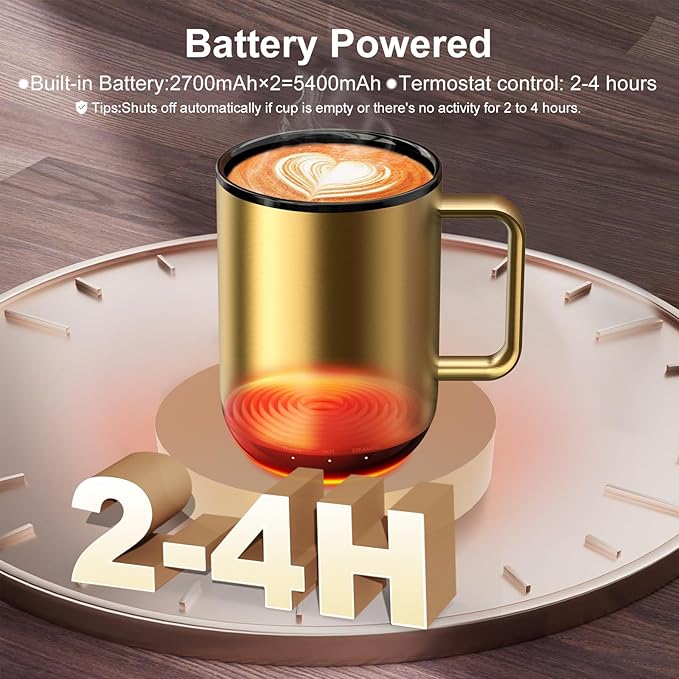 Vsitoo S3 Plus 14oz Heated Coffee Mug- Temperature Control Smart Mug with Mug Warmer, Auto-Sensing AI Heats Drinks to 120-150°F Hands-Free.Ideal for Home/Office/Gifts，Gold