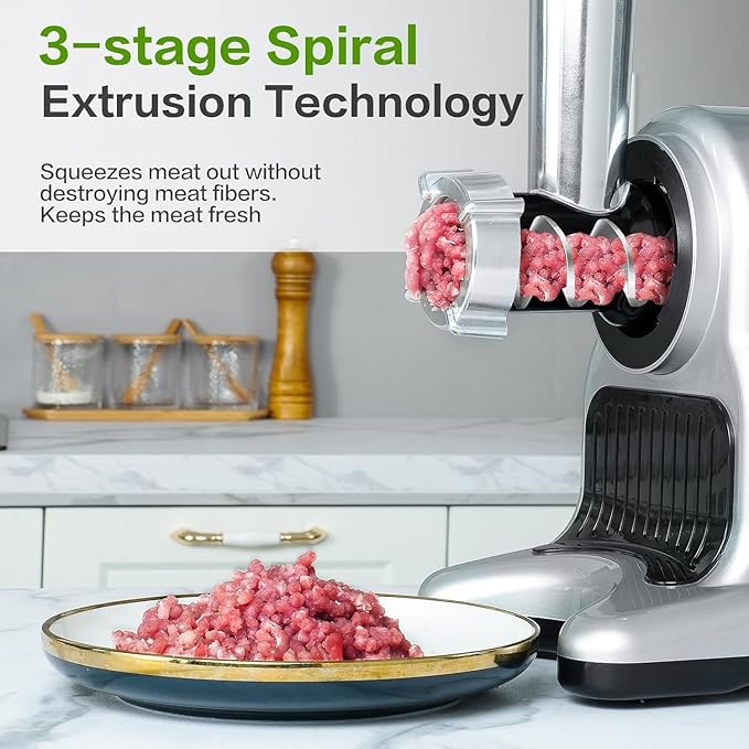 5-in-1 Masticating Slow Juicer Machine, 3" Wide Feed Chute, High Juice Yield, Easy to Clean, Includes Meat Grinder/Sausage Maker/Vegetable Slicer, Silver/Black