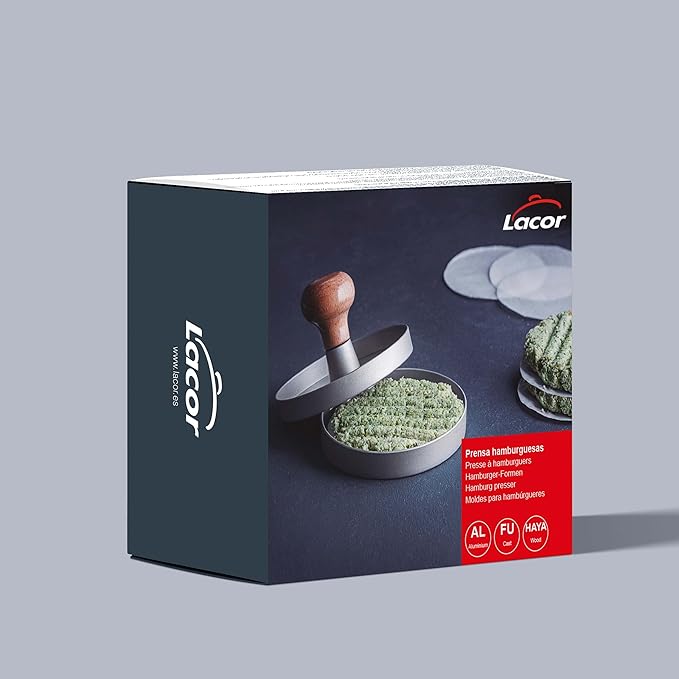 Lacor - 60258 - Homemade Hamburger Mould, Burger Press, Detachable Wooden Knob, Includes 60 Non-Stick Paper, Diameter 11 x 7.5 cm, Grey