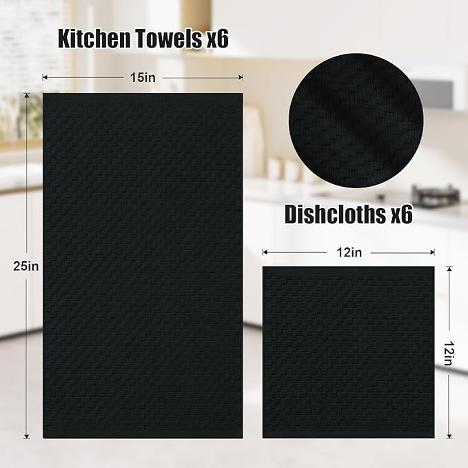 Homaxy 100% Cotton Kitchen Towels and Dishcloths Set, 12 x 12 & 15 x 25 Inches, Set of 12 Bulk Terry Cloth Dish Towels, Super Soft and Absorbent Hand Towel with Hanging Loop, Black