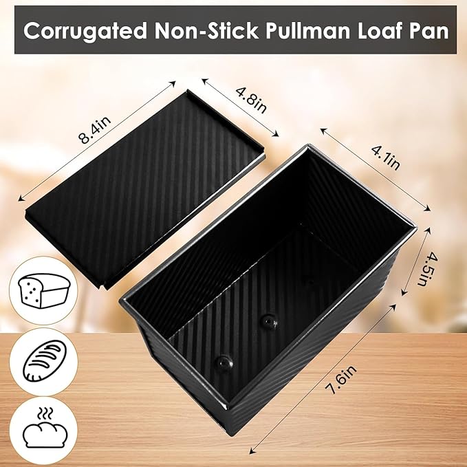 Spmarkt 2pack 1LB Black Pullman Loaf Pan with Lid, Non-Stick Sandwich Bread Loaf Pan, Easy Release Bread Pan with Lid for Homemade Bread