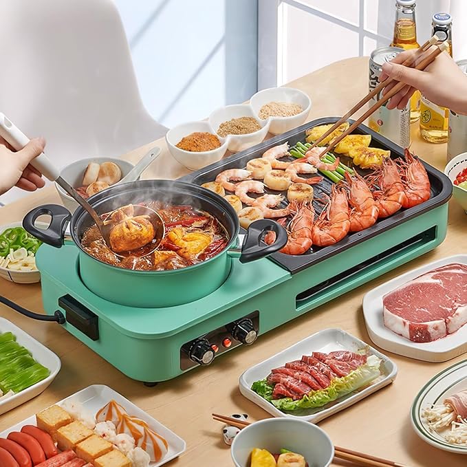 3-in-1 Electric Hot Pot with Grill & Fry Pan Combo - 1600W Fast Even Heating Non-stick Smokeless Indoor BBQ Grill - Easy to Clean - Dishwasher Safe - for 3-5 People