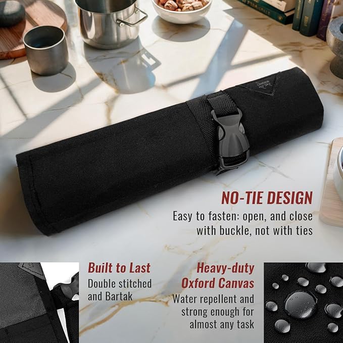 Under NY Sky Knife Roll Case - 4 Slots - Heavy Duty Oxford Canvas Pouch - Leather Reinforced - Portable Bag for Cooking Tools, Utensils, Cutlery Knives, Brushes - Chefs, Kitchen, Travel, Gift - Black