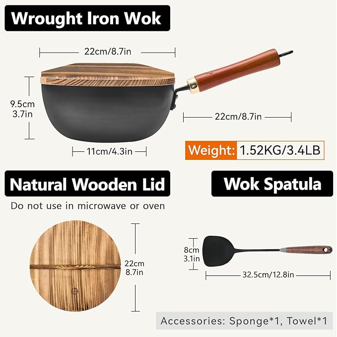 WANGYUANJI Carbon Steel Wok with Lid, 8.7" Small Mini Wok Pan, Thickened Heavy Duty Flat Bottom for Deep Frying, Camping & Solo Meals, Induction Ready, Seasoning Required, Traditional Pow Skillet