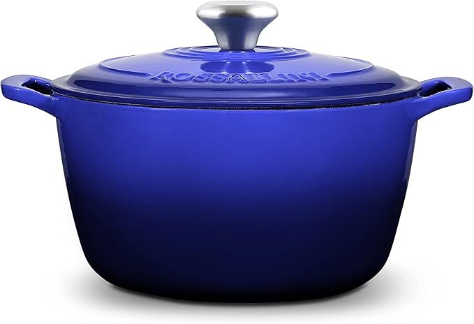 ROSSALLINI Signature Enameled Cast Iron Dutch Oven, Non-Stick Serving Pot with Tight Fitting Lid for Perfect Roasting, Baking, Sauteing, and Bread Making | 5.5Q (5.2L) - Indigo Blue