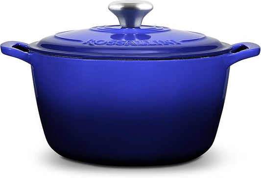 ROSSALLINI Signature Enameled Cast Iron Dutch Oven, Non-Stick Serving Pot with Tight Fitting Lid for Perfect Roasting, Baking, Sauteing, and Bread Making | 5.5Q (5.2L) - Indigo Blue