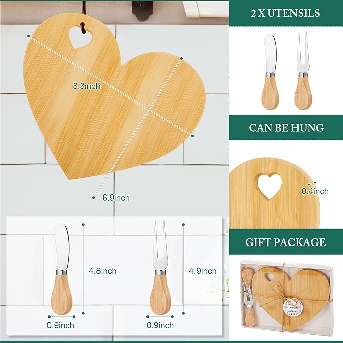 Patelai 12 Set Bridal Baby Shower Favor Heart Cheese Board with Knife, Wood Mini Charcuterie Board Thank You Gift Box for Guest Bridal Baby Shower Prize Wedding Valentines Birthday (Bamboo Color)