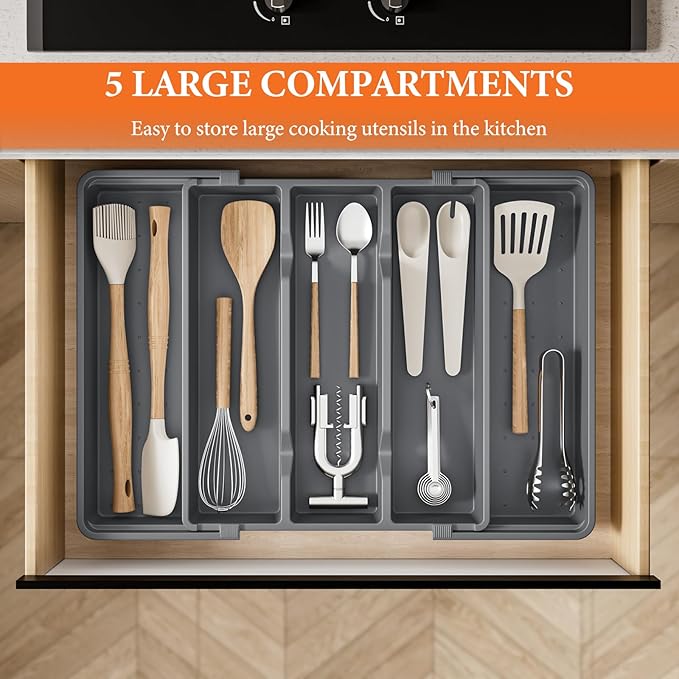 Silverware Organizer, Expandable Utensil Drawer Organizer for Kitchen Drawers, Kitchen Drawer Organizer for Spoons/Forks/Knives, Multipurpose & BPA Free Cutlery Tray, Grey, 1 Pack