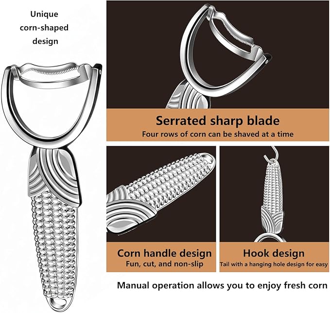 Corn Peeler for Corn on the Cob – Stainless Steel Corn Stripper Tool with Ergonomic Anti-Slip Handle – Sharp Corn Kernel Remover & Cutter for Kitchen, Salads, BBQ & Fresh Corn Prep (Silver)