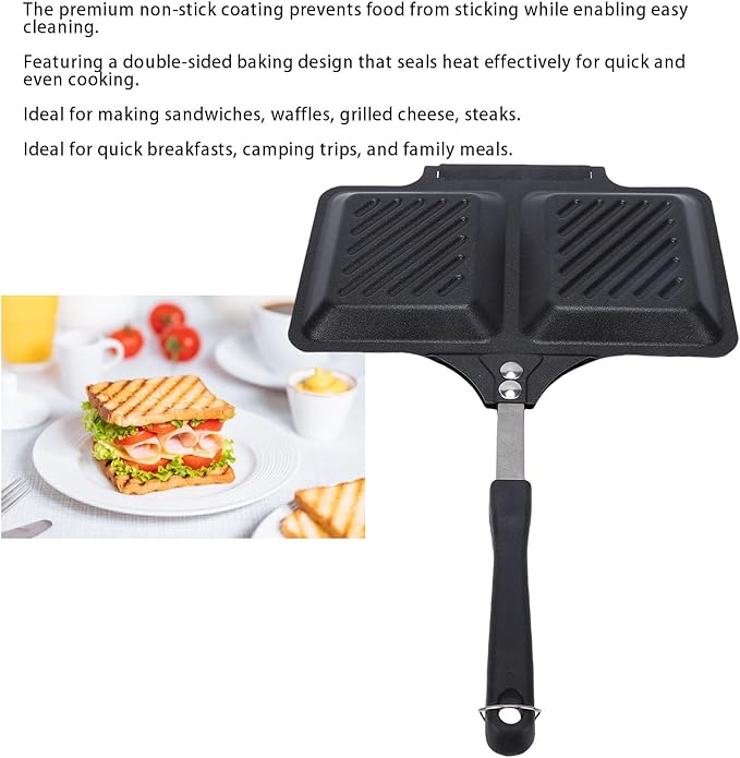 Sandwich Maker, Non Stick Grilled Panini Maker Pan Double Sided Stovetop Toasted Sandwich Makers Press for Home Kitchen Breakfast Camping (Black)