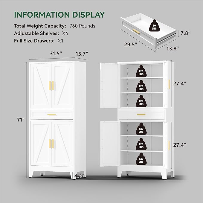 71" Tall Kitchen Pantry Cabinet,Farmhouse Pantry Cabinet,Metal Cabinet with Adjustable Shelves and Drawer,Storage Cabinet for Kitchen Dining Room Garage,White