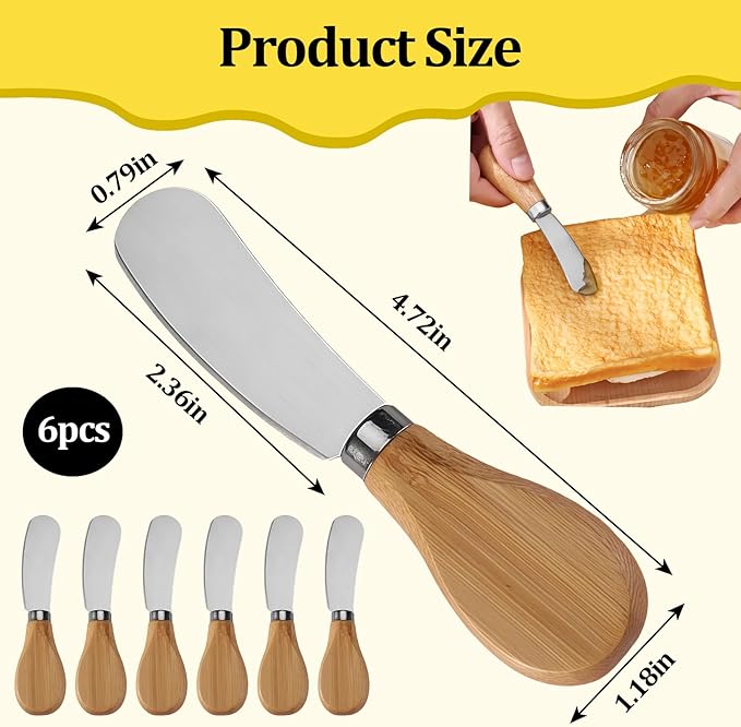 Cheese Spreader Knives,6 PCS Stainless Steel Butter Knife Spreader with Wooden Handle,Small Cheese Knives for Charcuterie Board
