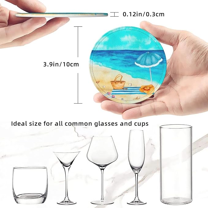 Summer Beach Leather Drink Coasters Set of 6 with Holder Ocean Scene Print Round Cup Coaster for Table Decor