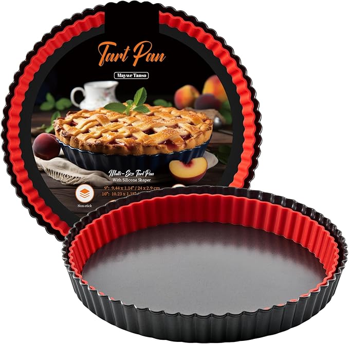 Maywe Tanso Tart Pan with Removable Bottom,9 Inch Tart and Quiche Pan,Non-stick Round Carbon Steel Deep Fluted Pie Pan with Crust Shaper Ring - Quiche Baking Dish Tart Pans For Baking Party Festival
