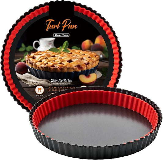 Maywe Tanso Tart Pan with Removable Bottom,9 Inch Tart and Quiche Pan,Non-stick Round Carbon Steel Deep Fluted Pie Pan with Crust Shaper Ring - Quiche Baking Dish Tart Pans For Baking Party Festival