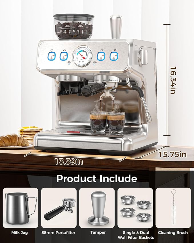 COWSAR 15 Bar Espresso Machine with Grinder & Milk Frother Steam Wand, 58mm Commercial Espresso Maker for Cappuccino and Latte, Perfect Expresso Coffee Machines for Home and Café Use