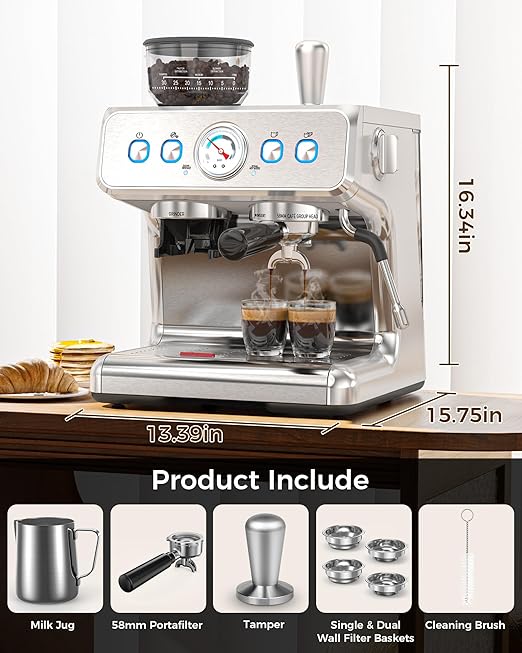 COWSAR Commercial Espresso Machine 15 Bar, Semi-Automatic Espresso Maker with Bean Grinder & Milk Frother Steam Wand, Removable Water Reservoir, Self-Cleaning, Ideal for Cappuccino, Stainless Steel