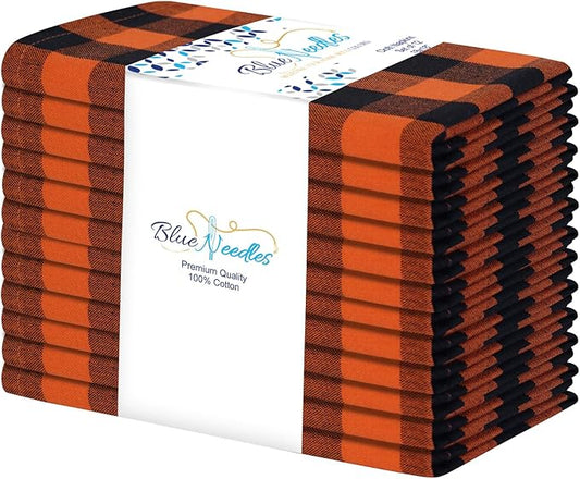 Blue Needles Gingham Buffalo Plaid Cloth Napkins 100% Cotton Set of 12 Dinner Table Napkins 18x18 inch Soft, Reusable, Washable Perfect for Wedding Parties & Everyday Use - Orange and Black