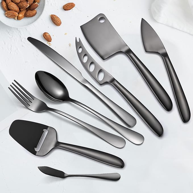 8 Pieces Black Cheese Knives Set with Dinning Knife Fork Spoon Stainless Steel Multifunctional Kitchen Gadget Baking Utensils Cooking Tool
