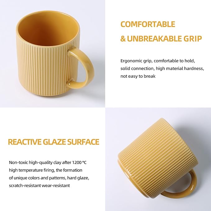 MONITO 16Oz Coffee Mugs Set of 6, Rustic Ceramic Coffee Cups Set with Large Handle, Vintage Striped Stoneware Coffee Mugs for Latte, Cocoa, Tea, Milk, Microwave & Dishwasher Safe, Lemon Yellow