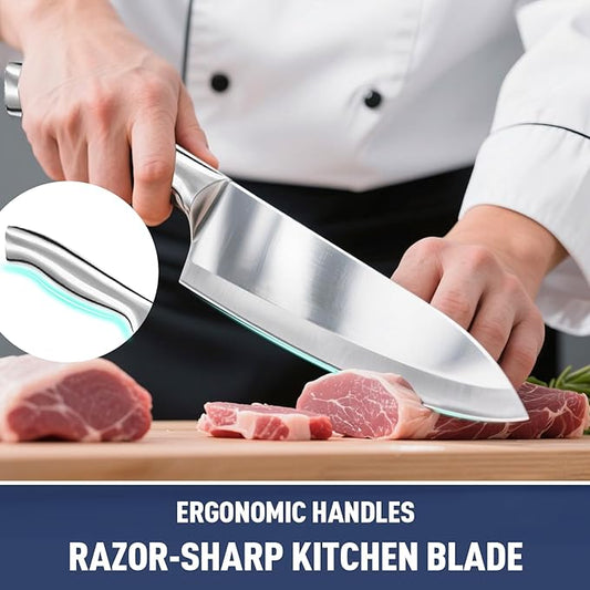 Knife Set, 6-Piece Kitchen Knife Set with Wooden Knife Block and Built-in Sharpener, Stainless Steel Sharp knives set for kitchen, Knife Block Set