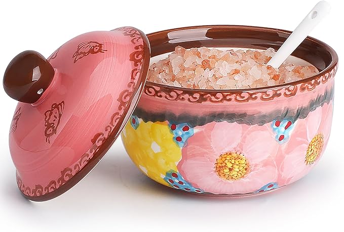 silesia Handmade Sugar Bowl with Lid and Spoon, 10 Ounce Ceramic Hand-Painted Sugar Jar for Kitchen in Gift Box, Kitchen Decor, Oven, Dishwasher & Microwave Safe, Glazed Pink