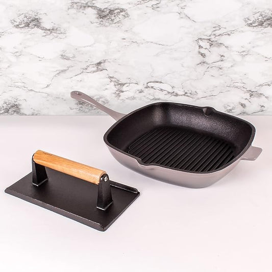 Berghoff Neo 2Pc Enameled Cast Iron Grill Set, Grill Pan 11 inches, Bacon/Steak Press 8 inches, Fast, Evenly Heat, Oven safe (Oyster)