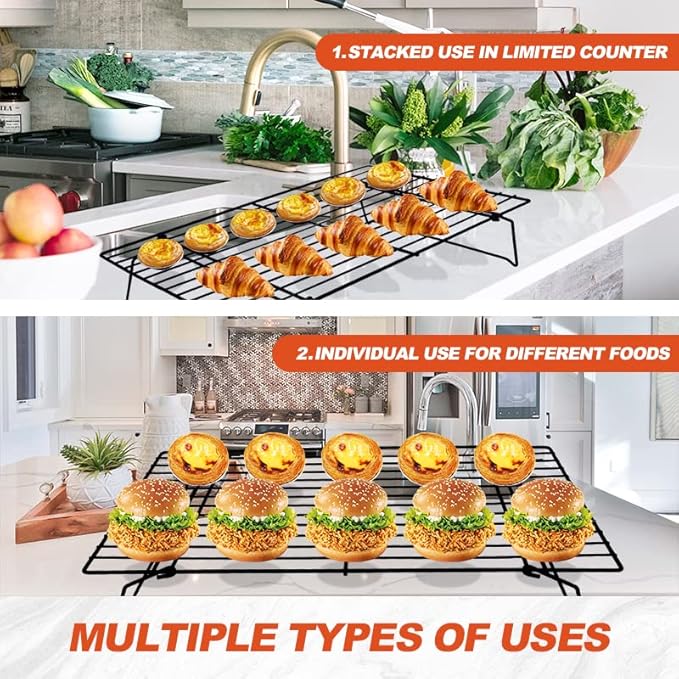 Cooling Racks for Baking, 3-Tier Stackable Stainless Steel Wire Cooling Rack Set of 3 (10"x15"), Oven Safe Heavy Duty Rust-Resistant Wire Rack for Cookie Sheet Roasting Grilling, Dishwasher Safe
