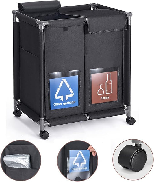 Hivexagon 2 in 1 Garbage Recycle Sorting Basket,2 Cover Top Compartments with Wheels,2 Front Transparent Display Pockets 110L Large Capacity Perfect for Kitchen Office