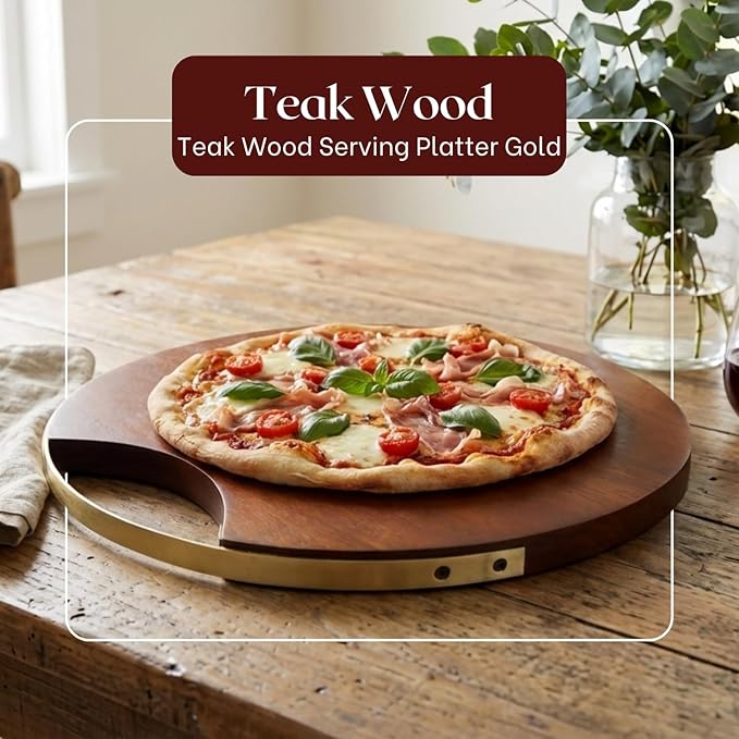 nestroots Round Charcuterie Board | 14" Teak Wood Serving Tray with Handles Decorative Tea, Coffee, Dessert, Pizza | Large Wooden Cheese Boards Serving Platter for Valentine Day Party Supplies