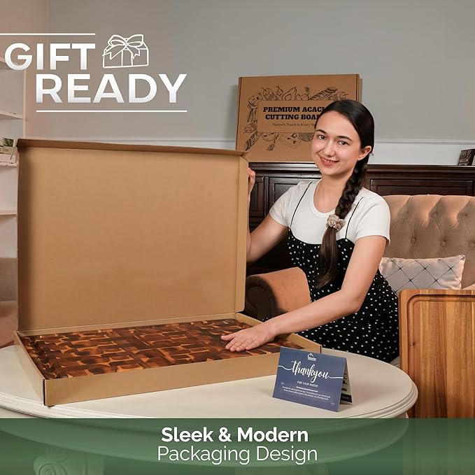 Howizz Acacia Wood Large Cutting Board, Thick End Grain Solid Wood Butcher Block For Kitchen, Non Toxic Pre-Oiled Carving Tray w/Juice Grooves and Easy Grip Handle, 20"x15"x1.5" (Gift-Ready Box)