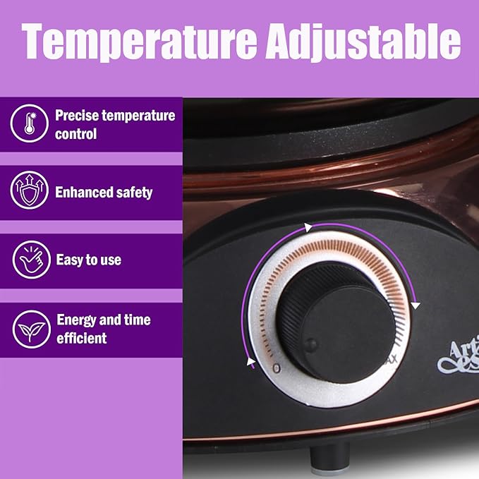Artestia Swiss Design 2-QT Electric Fondue Pot for Cheese, 1500W Ceramic Chocolate Melting Pot with Adjustable Temperature, 6 Fondue Forks, White Ceramic Pot with Rose-Gold Base (Black)