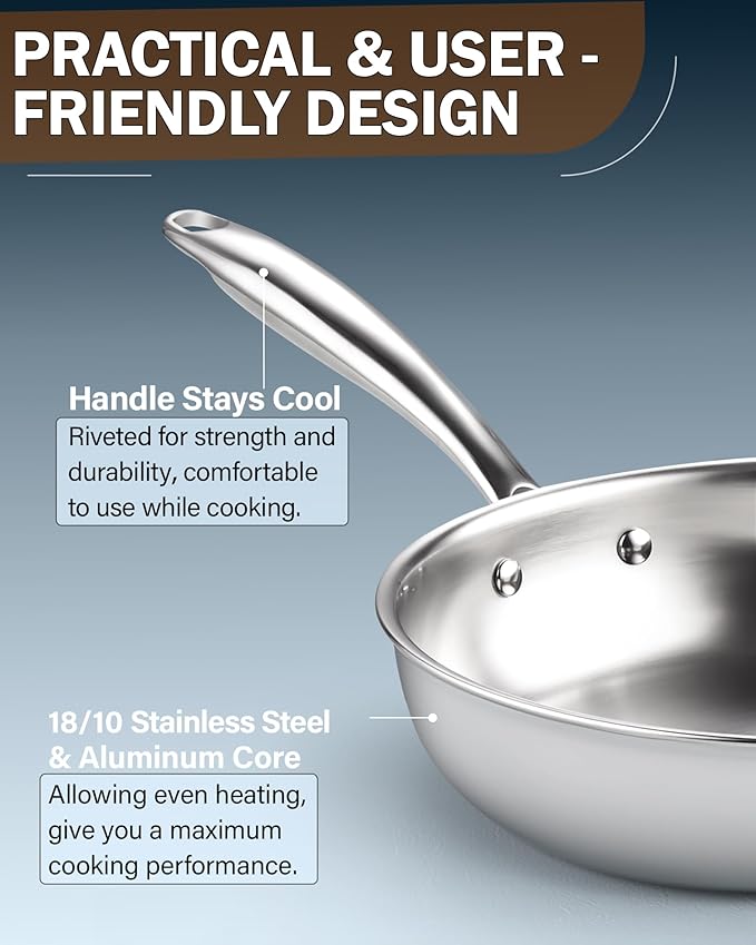 Cook N Home Stainless Steel Frying Pan Set, 8-inch, 10-inch, 12-inch Fry Pan, Tri-Ply Clad 18/10 Stainless Steel Skillet Sauté Cooking Pan, Induction Cookware, 3-Piece