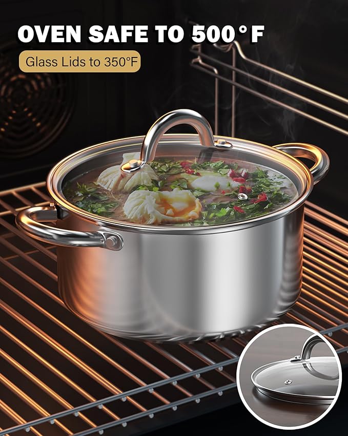 Cook N Home Stainless Steel Stock Pot with Glass Lid, Basic Small Sauce Cooking Pot Saucier Casserole Pan Set, 6 Piece Set