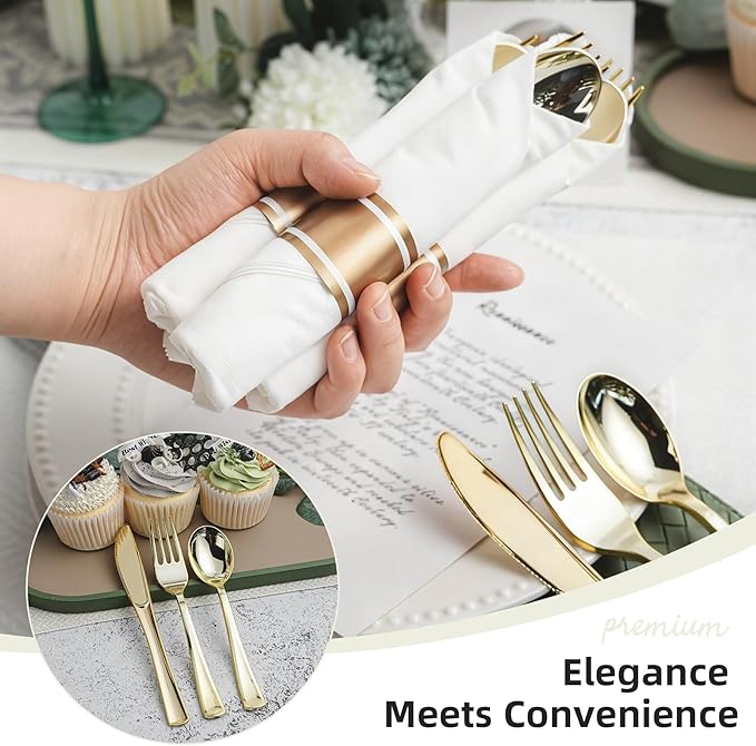 400PCS Pre Rolled Gold Plastic Silverware Sets, Heavy Duty Gold Cutlery, Include 100 Pack Wrapped Disposable Utensils with Napkins for Parties and Weddings