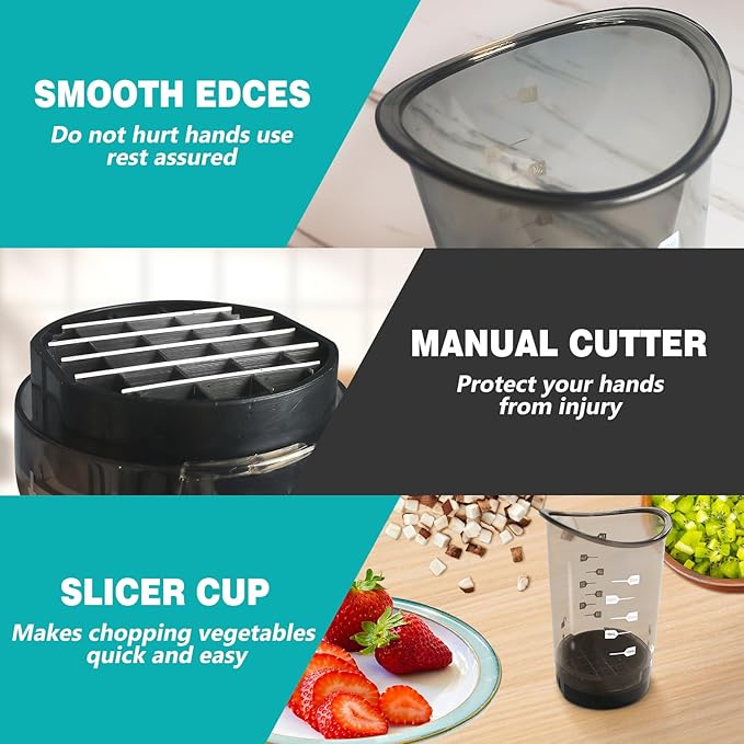 Slicer Cup | Strawberry Slicer | Egg Slicer | Compact Vegetable Chopper, Quick & Easy Manual Fruit Chopping Processor Kitchen Gadget with Slicing & Dicing Blades