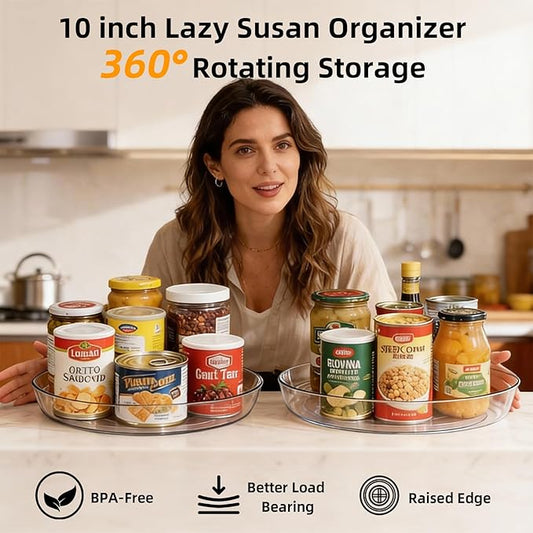 Lazy Susan Turntable for Spice Organization | Clear BPA-Free Plastic Rotating Organizer for Kitchen Cabinet, Pantry, Countertop, Fridge | 360-Degree Rotating Base (10 inch - 2 Pack)