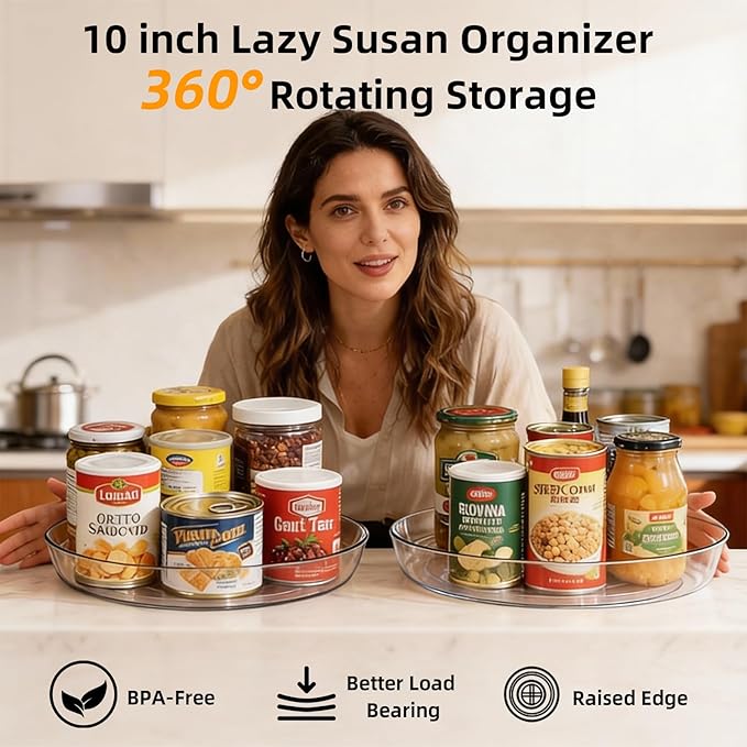 Lazy Susan Turntable for Spice Organization | Clear BPA-Free Plastic Rotating Organizer for Kitchen Cabinet, Pantry, Countertop, Fridge | 360-Degree Rotating Base (10 inch - 4 Pack)