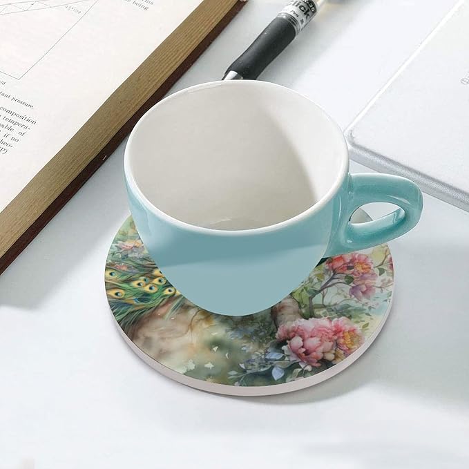 Round-4PCS Peacock Ceramic Coasters, Round Absorbent Drink Coasters, Vintage Watercolor Style Floral Beautiful Peacock Ceramic Table Coasters for Coffee, Beverage, Wine, Beer Coasters