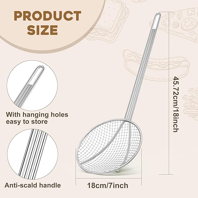 2 Pack 18-Inch Wire Skimmer Nickel Plated Wire Mesh Strainer with Long Handle Round Frying Spoon Cooking Oil Strainer for Kitchen Fried Food